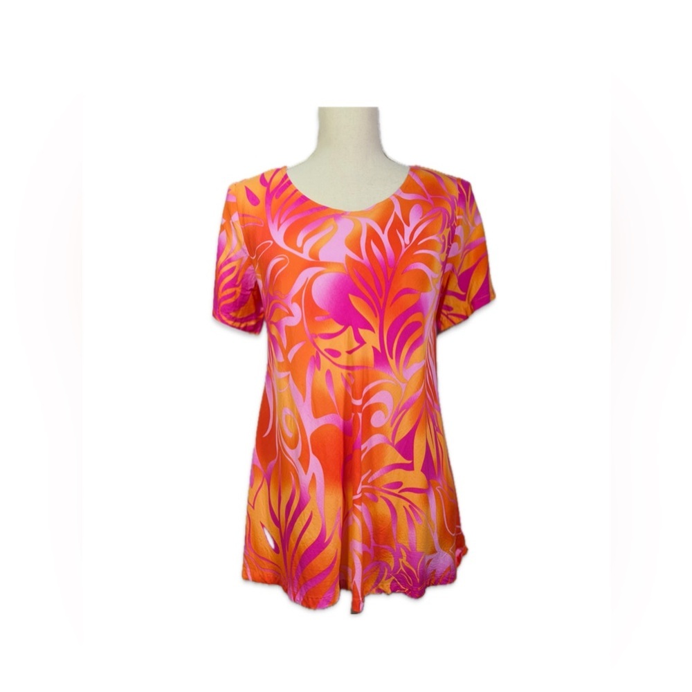 Kai Tropical Blouse Women’s Size M Orange and Pink Made in Hawaii Pop-Over